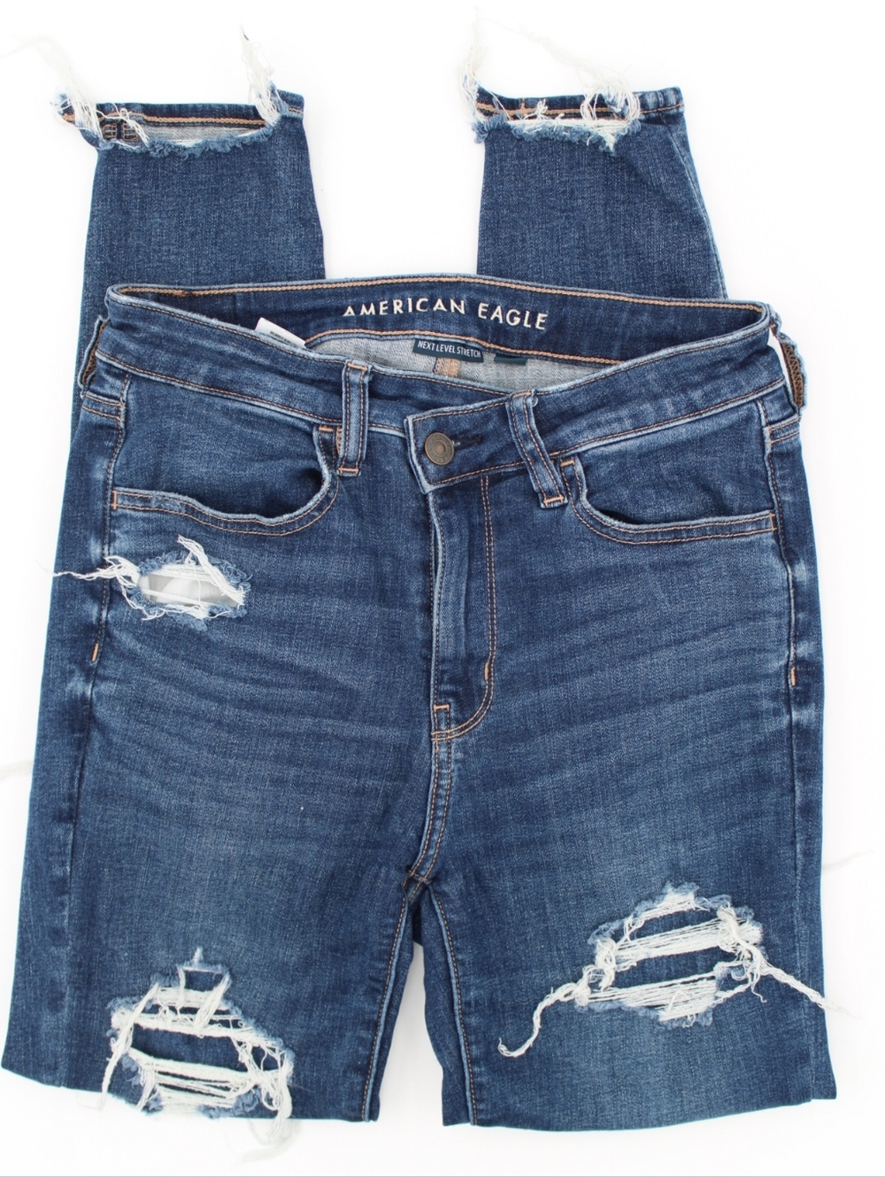 American Eagle Dark Wash Distressed Skinny Jeans Criss Cross Waist Size 6